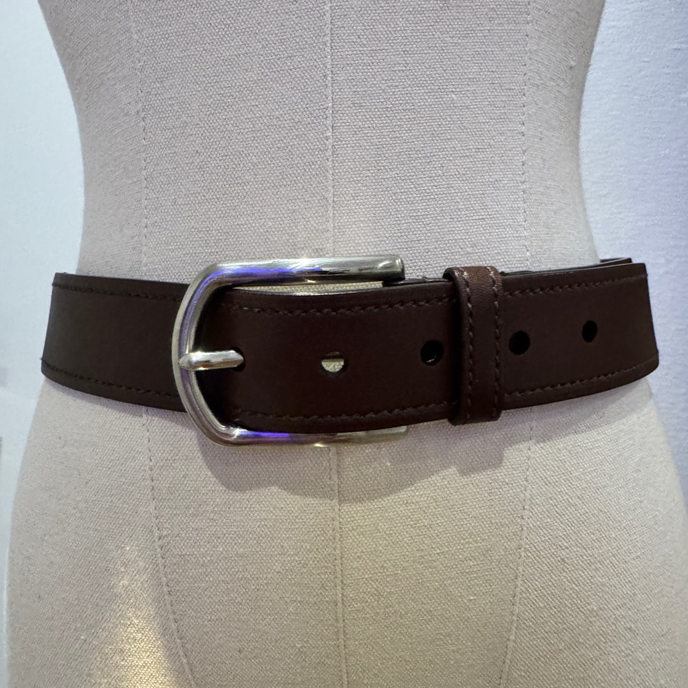(SOLD) Prada Dark Brown Leather Belt with Silver Buckle 	Stamped size: 80 / 32